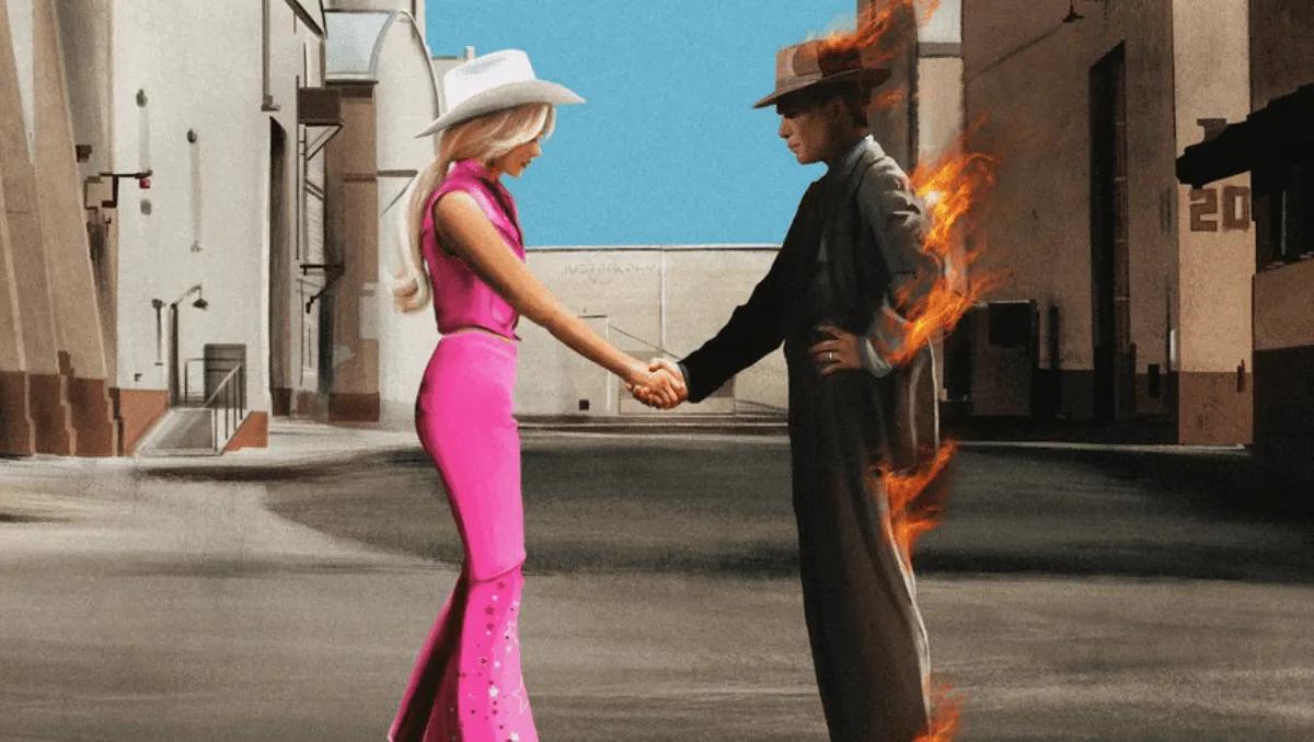 Barbie and Oppenheimer figure shaking hands